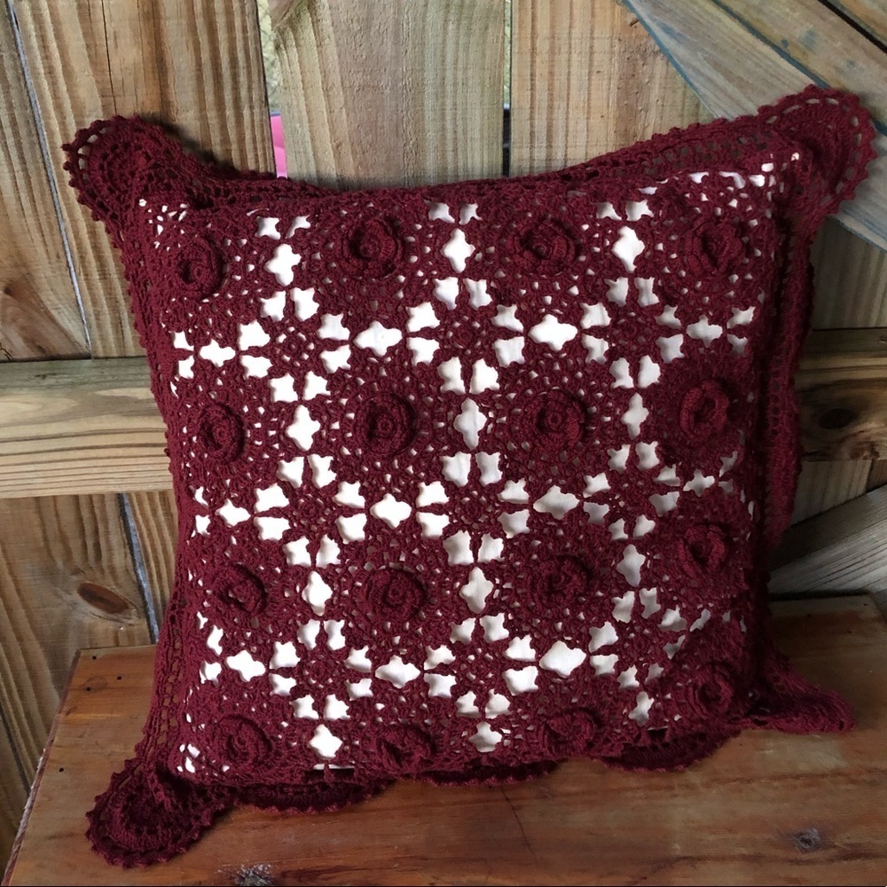 Hand Crochet Lace Top Cotton Maroon Accent Pillow with Scalloped Trim 16”